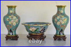 Antique Set of Three Chinese Cloisonne Vases and Bowl. Flower & Bird BEAUTIFUL