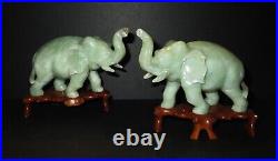 Antique Signed Chinese GREEN JADE ELEPHANT STATUE SET Sculpture QING DYNASTY