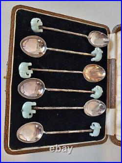 Antique Silver Demitasse Spoons Set Chinese WAI KEE 90 Silver with Jade Elephants