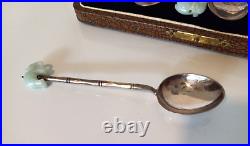 Antique Silver Demitasse Spoons Set Chinese WAI KEE 90 Silver with Jade Elephants