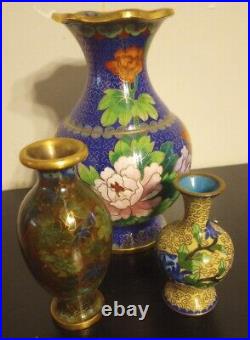 Antique Vase Chinese Cloisonne Cobalt Blue Turquoise bird set of 3 brass enamel