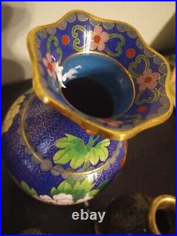 Antique Vase Chinese Cloisonne Cobalt Blue Turquoise bird set of 3 brass enamel