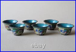 Boxed Set Of 6 Antique Chinese Cloisonne Sake Wine Cups, Dragon - Early 20th C