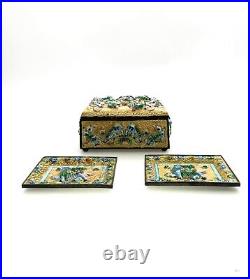 Chinese Enameled Metal Box Set with Foo Dog Design Antique Oriental Collectible