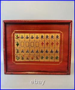 Chinese Mahjong Set. Red Lacquer Box with Painted Scenes and Dragons. Complete