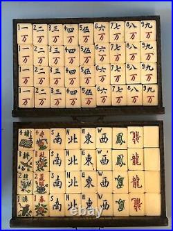 Chinese Mahjong Set. Red Lacquer Box with Painted Scenes and Dragons. Complete