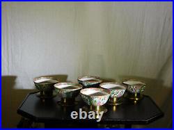 Chinese Qing Dy Rose Medallion Set 6 Porcelain Bowls withBrass Stands