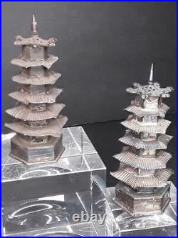Chinese or Japanese antique Silver Pagoda shakers match set