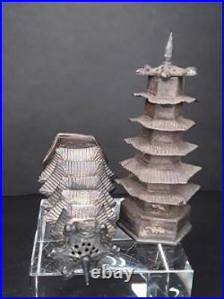 Chinese or Japanese antique Silver Pagoda shakers match set