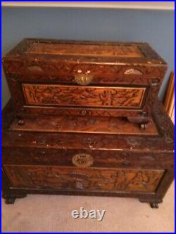 Hand carved parent and child Chinese Antique Trunk Set
