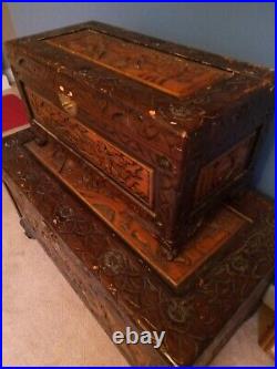 Hand carved parent and child Chinese Antique Trunk Set