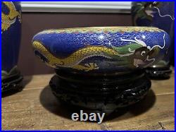 Pair Chinese Cloisonne Vases And Cloisonne Low Bowl Set