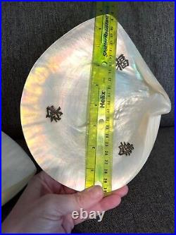 RARE ANTIQUE CHINESE MOTHER OF PEARL SHELL 2 CAVIAR DISH PLATE SET with SILK BOX