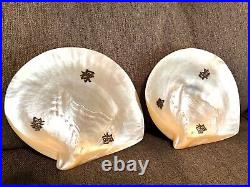 RARE ANTIQUE CHINESE MOTHER OF PEARL SHELL 2 CAVIAR DISH PLATE SET with SILK BOX