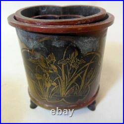 RARE Antique Set 3 Chinese Japanese Bronze Vases Brush Pots Gold Inlaid Birds