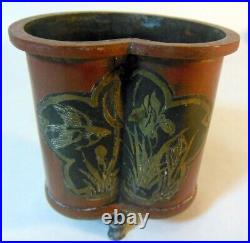 RARE Antique Set 3 Chinese Japanese Bronze Vases Brush Pots Gold Inlaid Birds