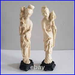 Set 2 14 Antique Chinese White Carved Fisherman and Lady with Flowers 19th C