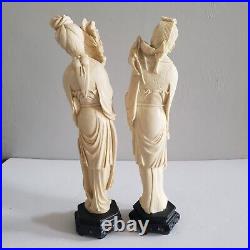 Set 2 14 Antique Chinese White Carved Fisherman and Lady with Flowers 19th C
