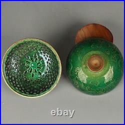 Set 3 Qing Chinese Antique Dark Jade Incised Handmade Cutout Porcelain Incenser