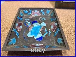 Set Of 2 Antique Metal Chinese Enamel Cloisonné Footed Trinket Trays 3.75x3