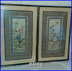 Set Of 2 Antique Vintage Framed Chinese Silk Embroidery Picture Bird Flowers