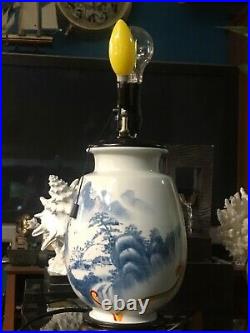 Set Of 2-big Fine Chinese Porcelain Decorated Night Table Lamps Vintage