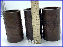 Set Of 3 Antique Chinese Carved Bamboo Brush Pot / Vases Chinese Landscapes