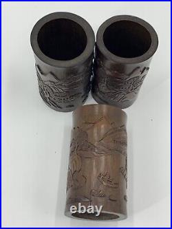 Set Of 3 Antique Chinese Carved Bamboo Brush Pot / Vases Chinese Landscapes