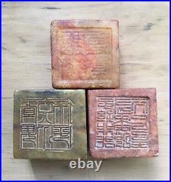 Set Of 3 Antique Chinese Stone Seals, Dragon & Foo Dog, Hand Carved Stamps