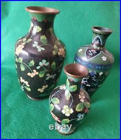 Set Of 3 Vintage Chinese Cloisonne Brass & Enamel Floral