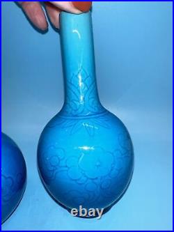 Set Of Two Chinese Ming Hongzhi Turquoise Blue Glazed Bottle Vases 6.5 Tall