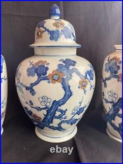 Set of 3 Fine Antique Chinese Blue white Prunus Blossom Bottle Mantle Vases