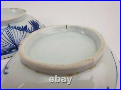 Set of 4 Antique Chinese Porcelain Bowls Blue and White Handpainted Flower Decor