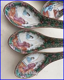 Set of 6 Antique Chinese Porcelain Famille Rose Spoons Inherited + Beautiful
