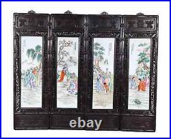 Set of Four Large Framed Chinese Famill Rose Porcelain Plaques