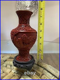 Set of TWO Vintage Chinese Carved Flower with Dragon Red Cinnabar Lacquer 8 Vase