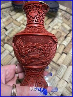 Set of TWO Vintage Chinese Carved Flower with Dragon Red Cinnabar Lacquer 8 Vase