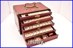 VTG MAH JONGG SET BONE BAMBOO 147 TILES WOOD CASE mahjong ATQ Chinese antique