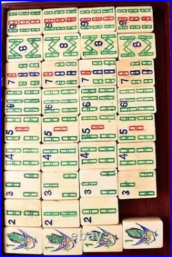 VTG MAH JONGG SET BONE BAMBOO 147 TILES WOOD CASE mahjong ATQ Chinese antique