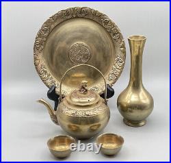 Vintage Antique Chinese Brass Tea Set Koi Fish Design Sake Cup Handmade Carved