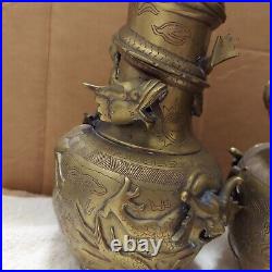 Vintage Antique Chinese Signed Brass Vase set with Dragons Birds & Floral Design