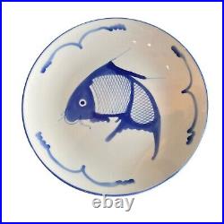 Vintage Antique Chinese White Cobalt Blue Koi Fish Plates Set of 4 China 9 Inch