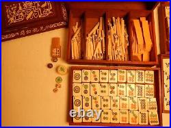Vintage Antique Mahjong Set Inlay Wood Case Chinese Mah Jong Bone on Bamboo 148
