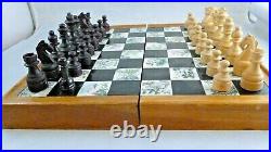 Vintage Antique Oriental Chinese Japanese Travel Chess Set Wood Carved Wooden