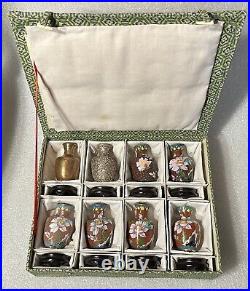 Vintage Cased 8 Vase Chinese Cloisonne Sample Set Various Stages With Wood Bases