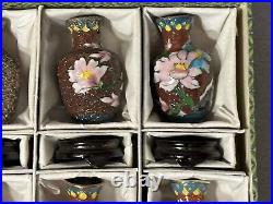 Vintage Cased 8 Vase Chinese Cloisonne Sample Set Various Stages With Wood Bases