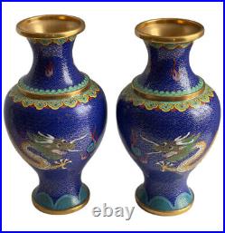 Vintage Chinese Cloisonne Matching Pair Green Dragon Vases 8.5 Cobalt Blue Set