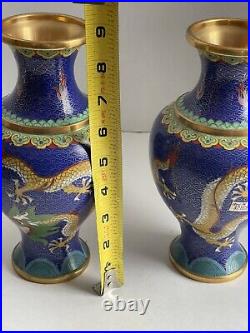 Vintage Chinese Cloisonne Matching Pair Green Dragon Vases 8.5 Cobalt Blue Set