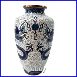 Vintage Chinese Cloisonne Vases Set of 2 Blue White 5 Toed Dragon 7.5 Enamel