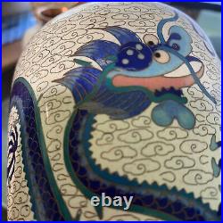 Vintage Chinese Cloisonne Vases Set of 2 Blue White 5 Toed Dragon 7.5 Enamel